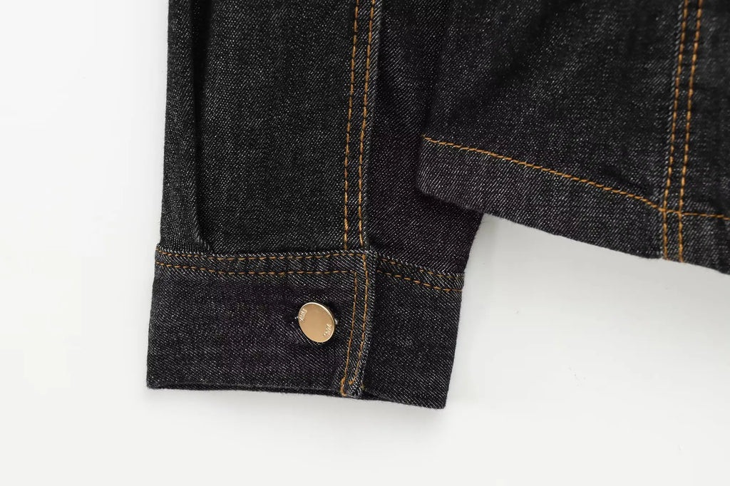 Women Black Denim Pants Set with Fitted Shirt and Patch Pockets Straight Leg Jeans Suit