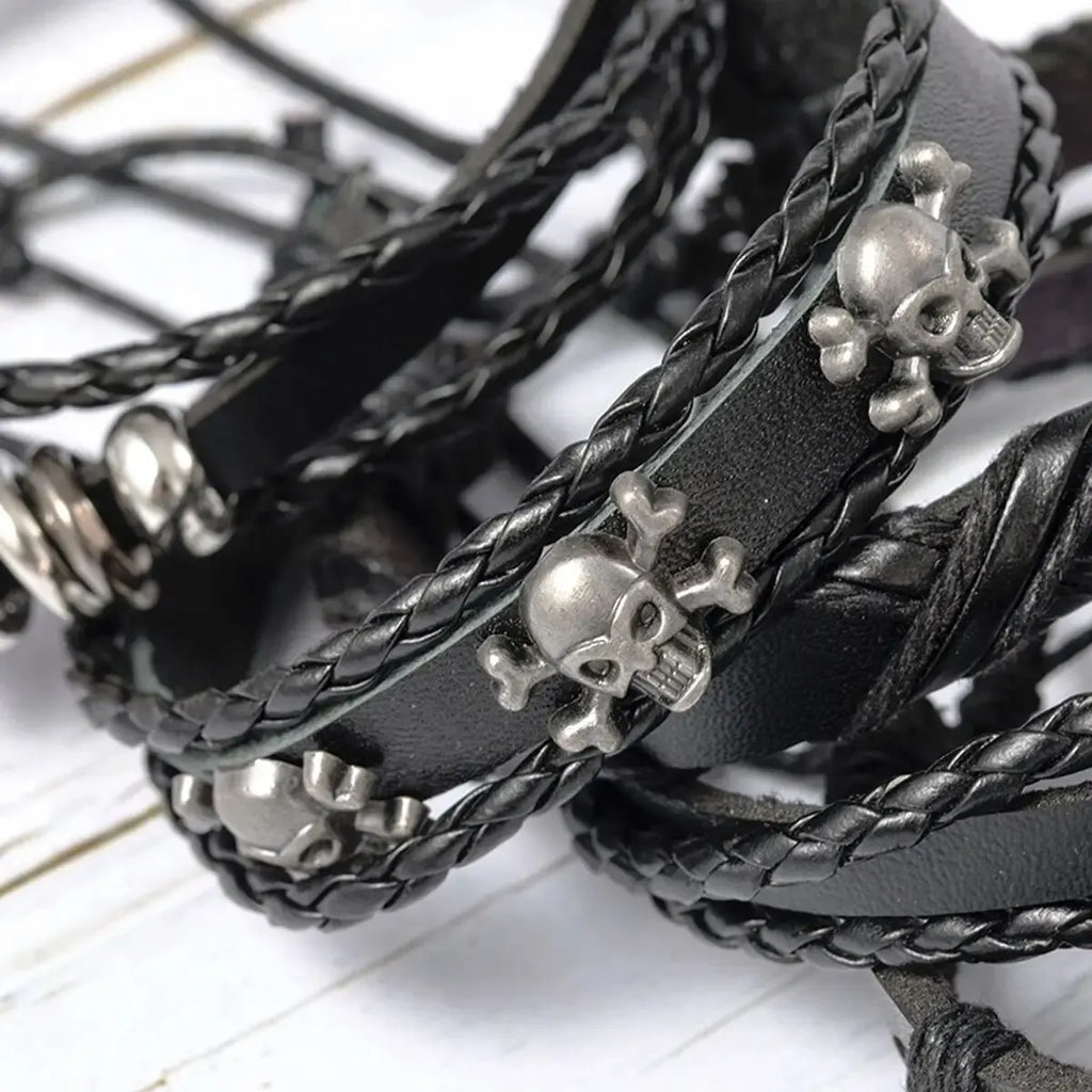 6 Piece Black Punk Skull and Star Shaped Alloy and PU Leather Bracelet Set