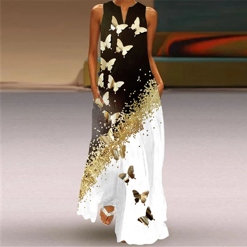 Womens Sleeveless V Neck Printed Maxi Dress For Summer