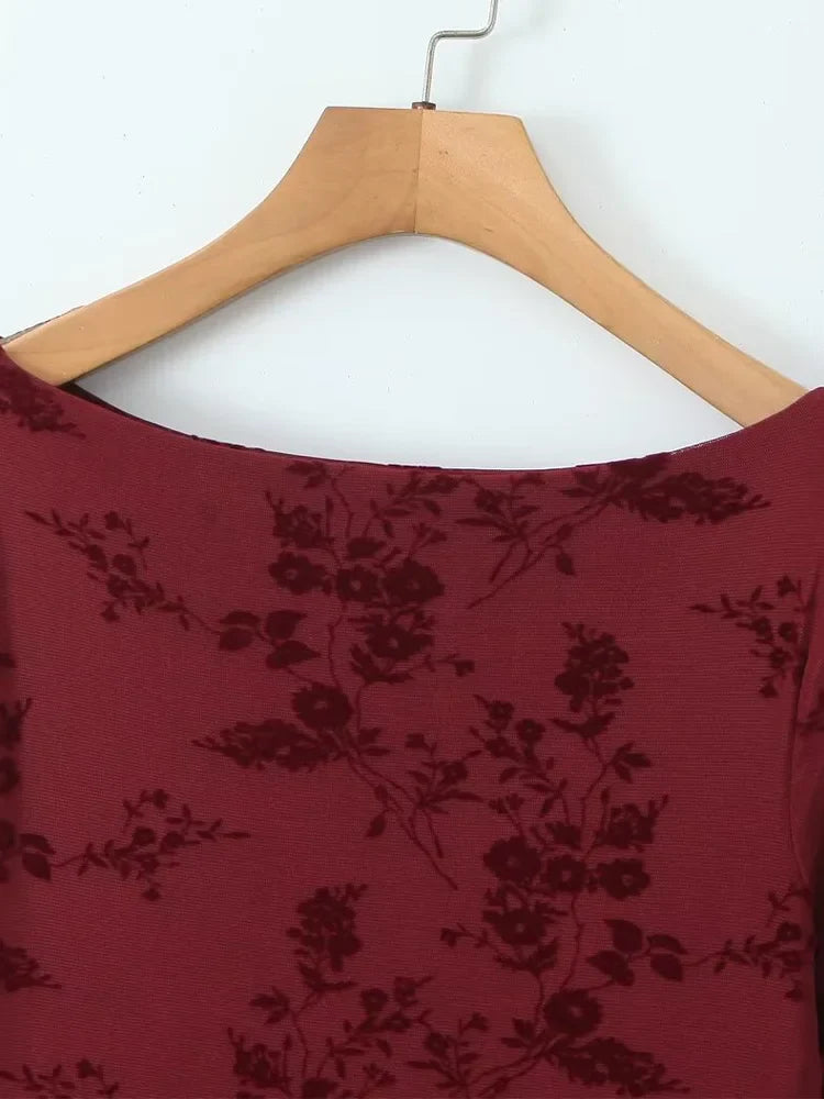 Retro Flocked Print High Waist Long Sleeve Dress Slim Fit