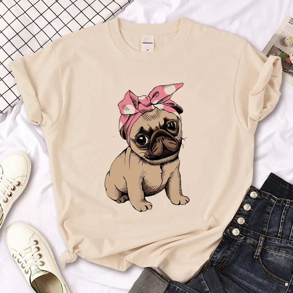 Pug Anime T-Shirt for Women Japanese Style Summer Streetwear Basic Tee