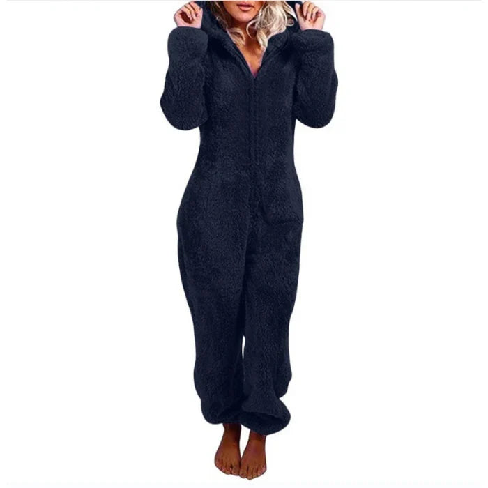 Women's One-Piece Hooded Jumpsuit Thickened Full-Length Overalls Cozy Autumn Winter Wear