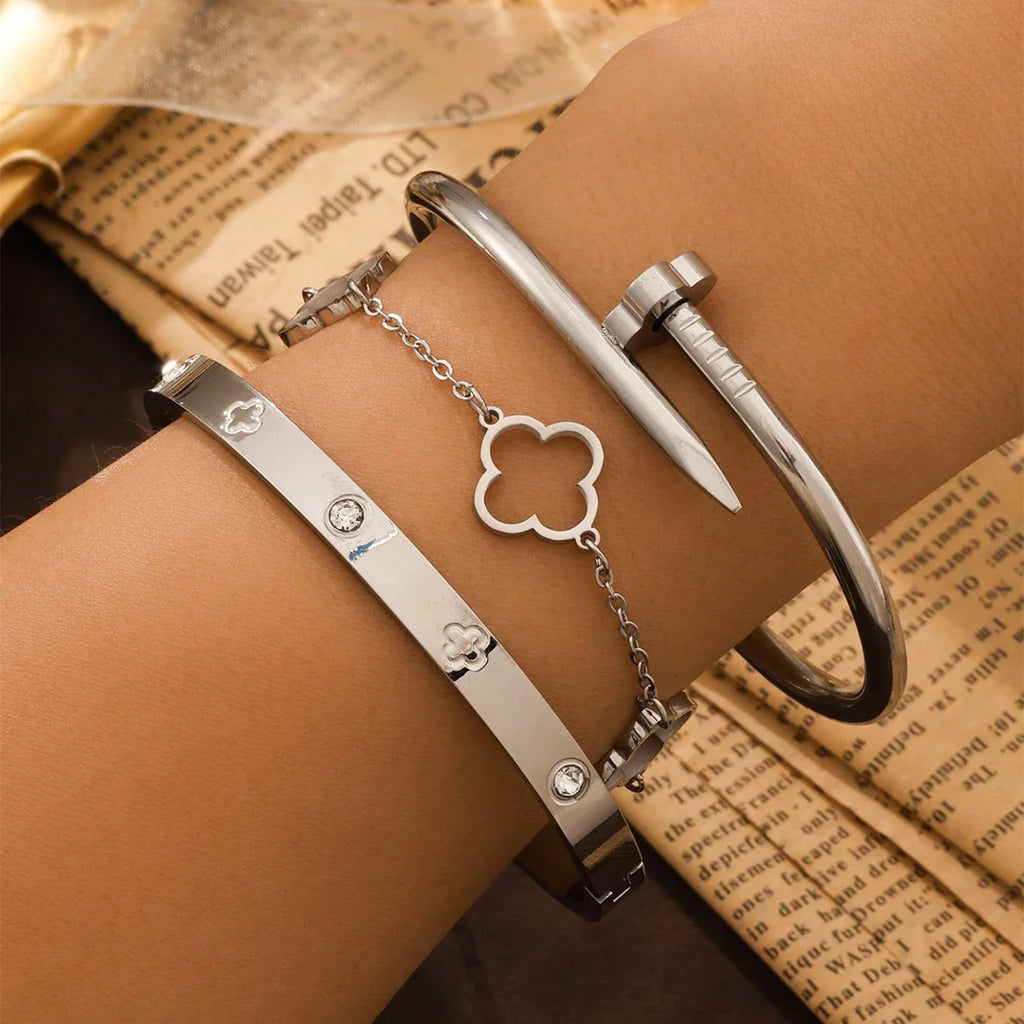 3PCS Lucky Clover Women's Bracelet Set High Quality Stainless Steel Charm Jewelry Gift