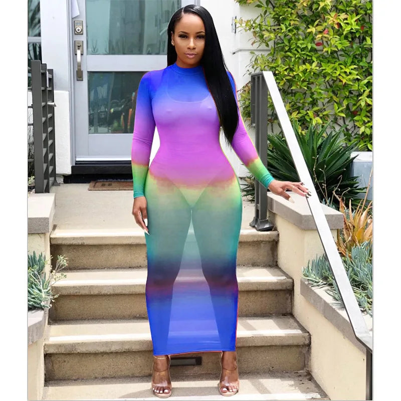 Rainbow Gradient Sheer O Neck Dress For Clubwear Nights