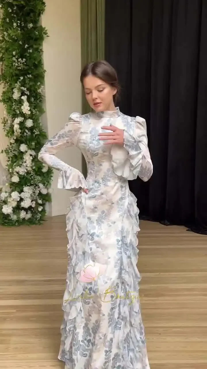 Satin Lace Up Printed Dress Long Sleeve Bodycon Evening Gown