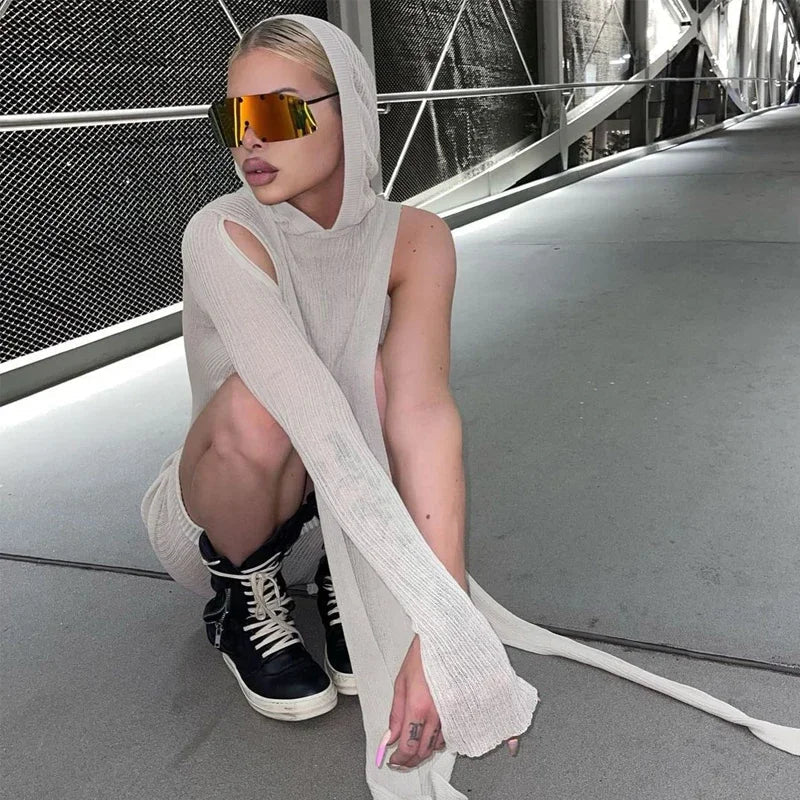 One Sleeve Knit Midi Dress Hooded Ribbed Clubwear Chic