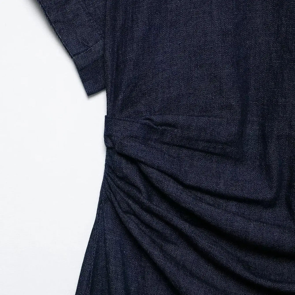 Pleated Slit Dress Round Neck Short Sleeves High Waist Chic