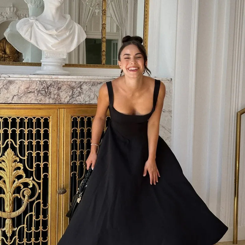 Solid Square Neck Sleeveless Suspender Dress For Women Long