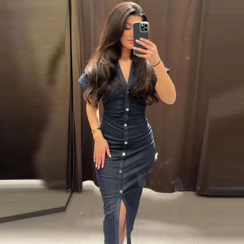 Elegant Blue Midi Dress With Ruffles And Corset Details