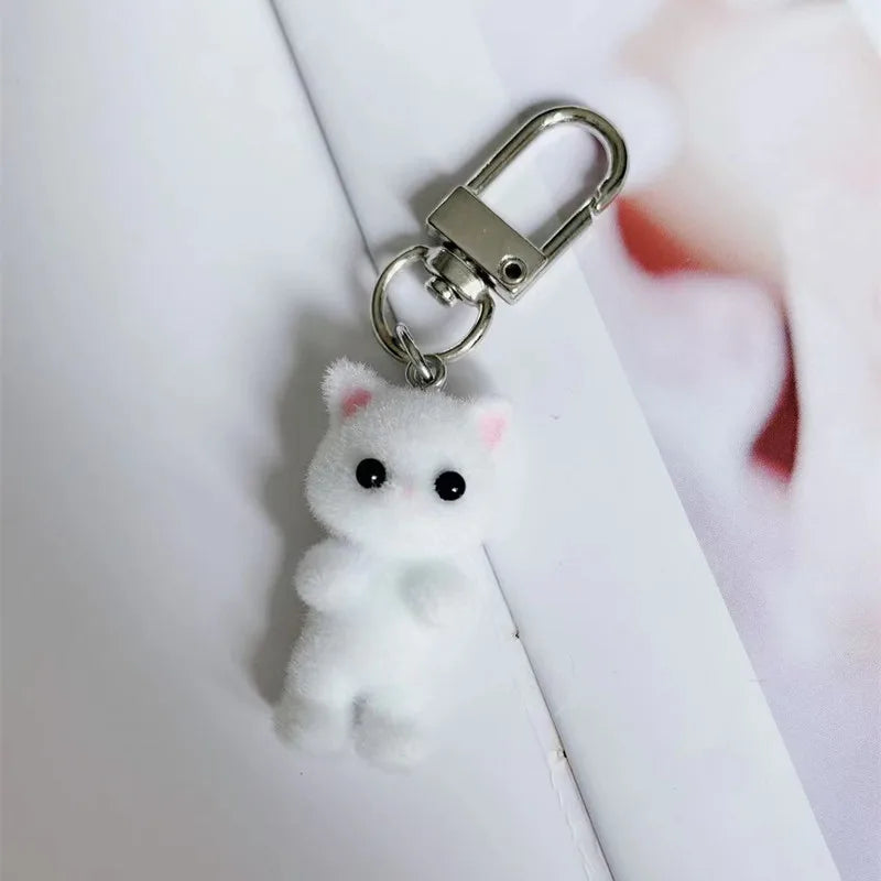 Cute Flocking Cat Keychain 3D Love Pendant Headphone Charm Bag Decor Jewelry Gift