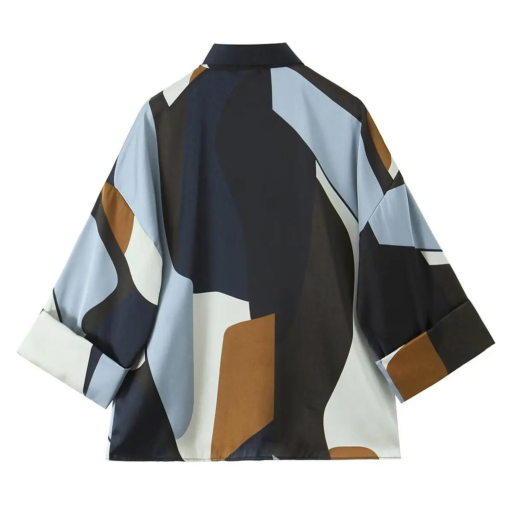 Women's Satin Printed Lapel Shirt Long Sleeve Hidden Button Slim Fit Casual Chic Top for Spring and Summer