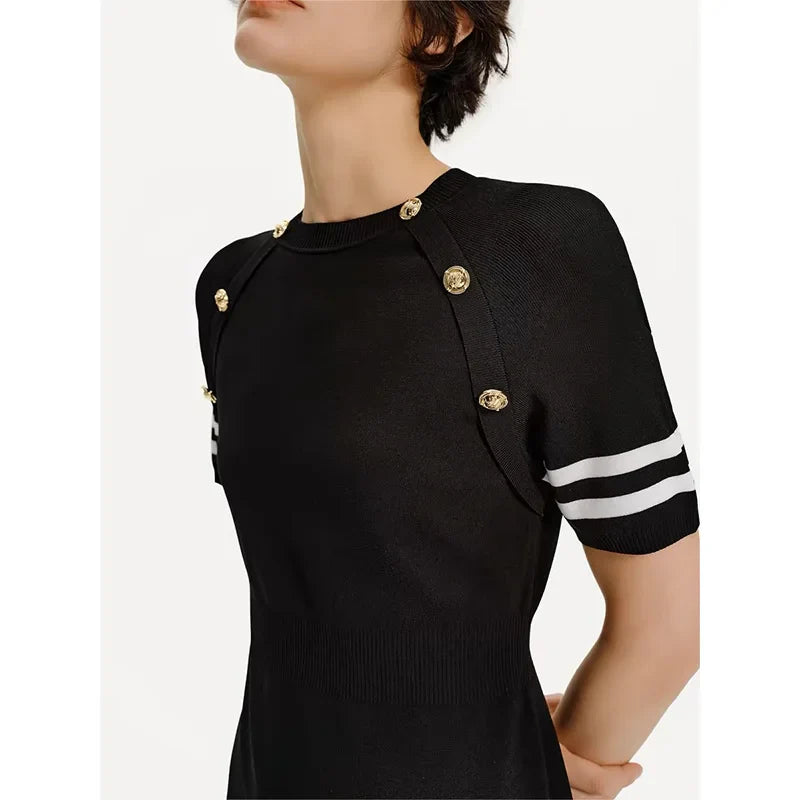 Women Short Sleeve Knit Dress Contrast Fit Flare Summer