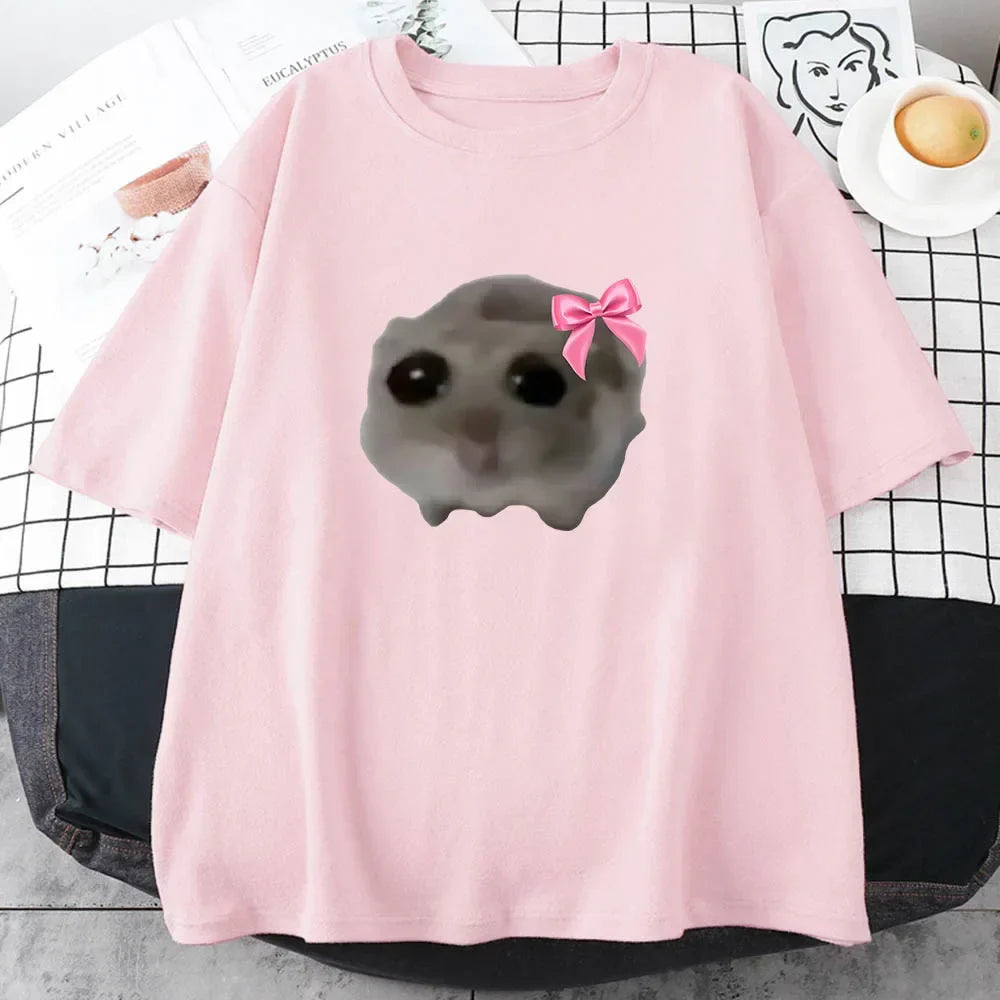 Sad Hamster Cartoon Graphic T-Shirt Pink Summer Comfortable Short Sleeve Tee for Men and Women