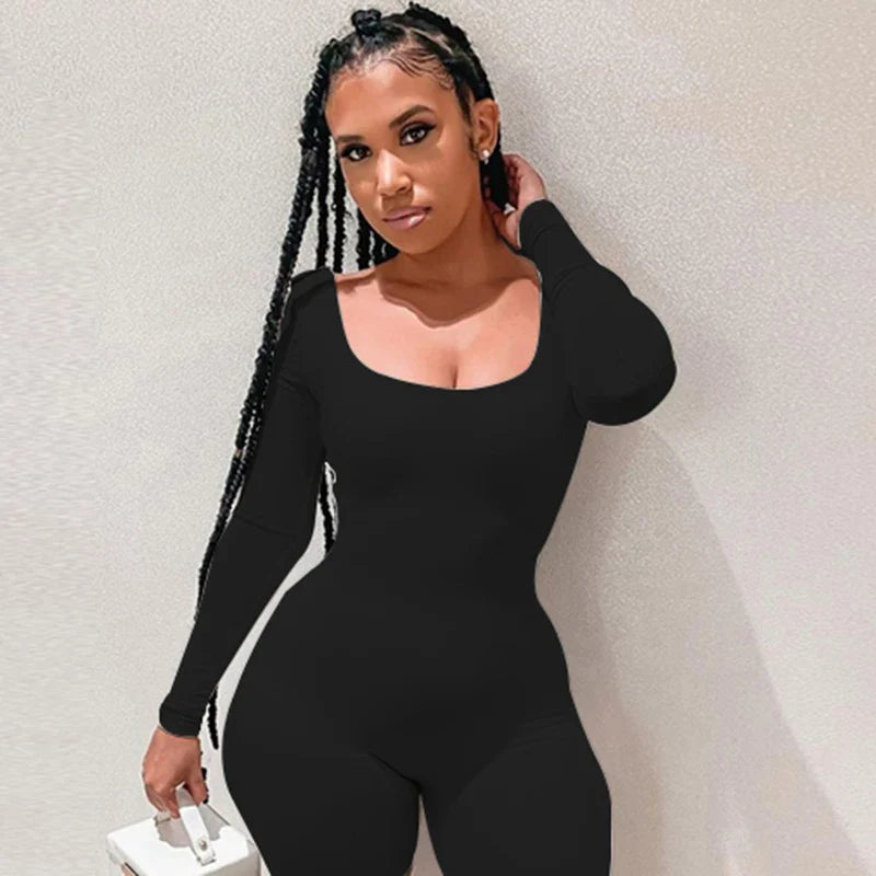 Deep Neck Long Sleeve Skinny Black Stretchy Bodycon Jumpsuit Slim Fit Autumn Winter Fashion Streetwear Romper for Women