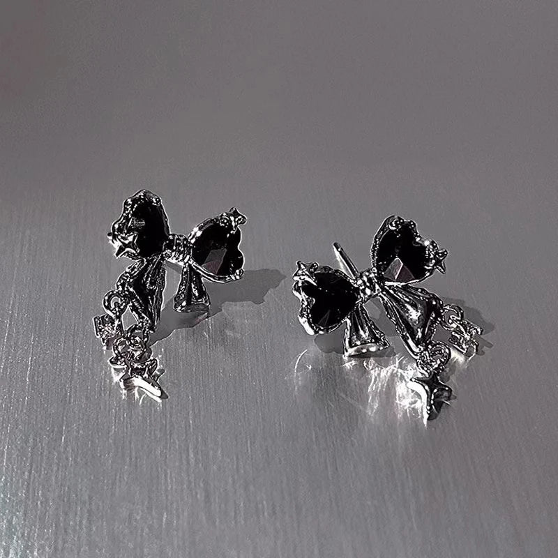 Y2K Bowknot Zircon Stud Earrings for Women with Pink Crystals in Silver Color Fashion Jewelry