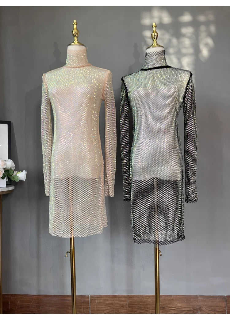 Rhinestone High Neck Glitter Party Dress Mid Length