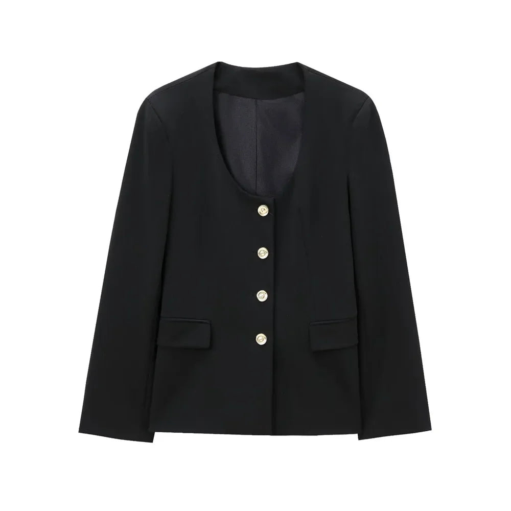 Casual Women's Long Sleeve Round Neck Suit Coat with High Waist Trumpet Pants Set