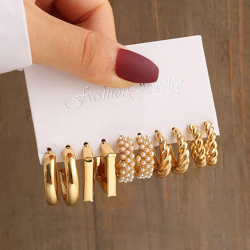 Gold Vintage Pearl Geometry Earrings Set for Women - Simple Trendy Dangle Jewelry