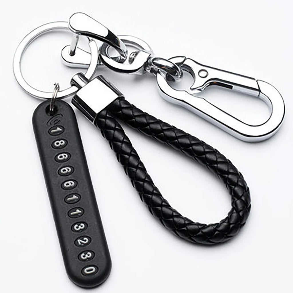 Trendy DIY Mobile Phone Number Plate Keychain for Men with Woven Leather Rope and Anti-Lost Design