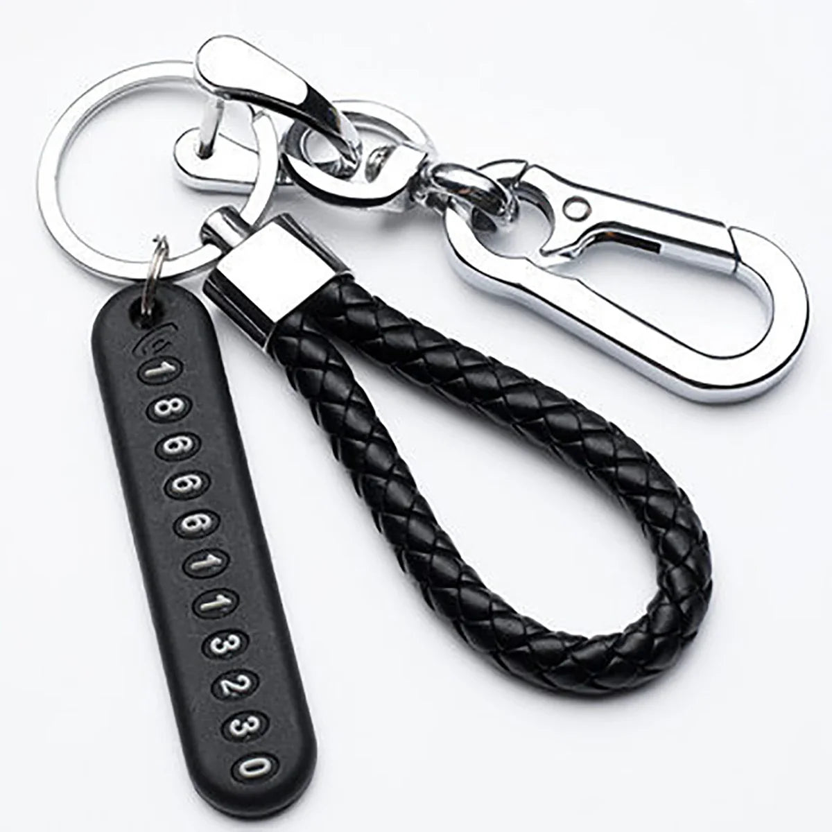 Trendy DIY Mobile Phone Number Plate Keychain for Men with Woven Leather Rope and Anti-Lost Design