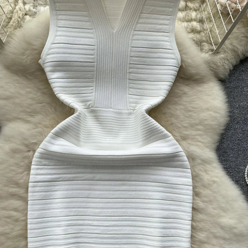 White Knit Tank Dress V Neck Sleeveless Bodycon Wrap Dress