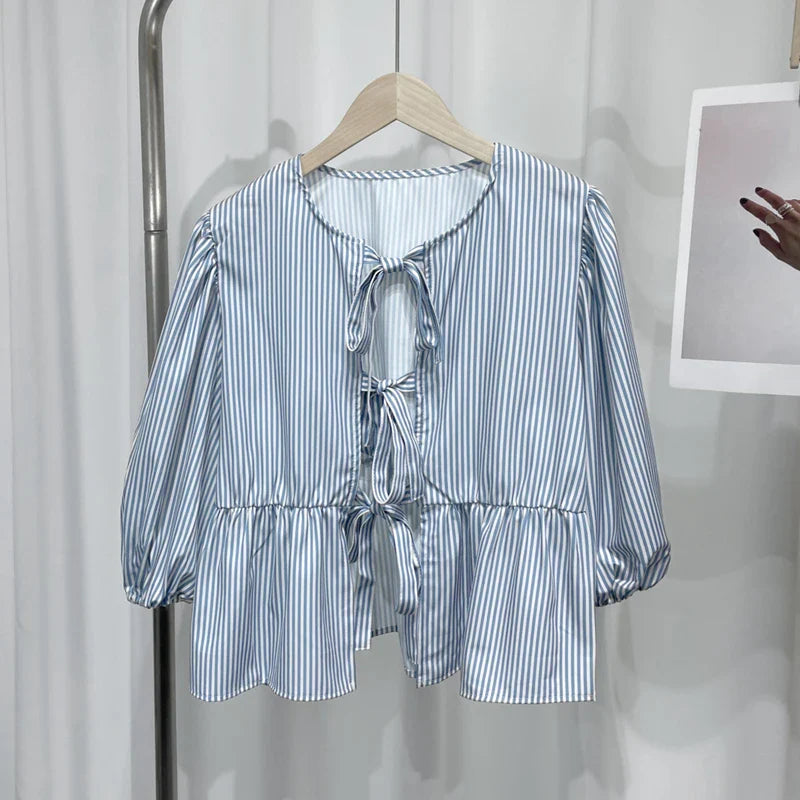 Elegant Women Striped Bow Tie Lace Up Blouse Round Neck Short Sleeve Puff Sleeve Loose Fit Vintage Chic Top for Spring and Summer