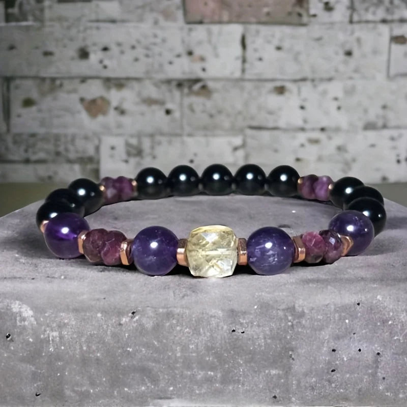 Attract Money Citrine Empathy Protection Bracelet with Garnet Black Tourmaline and Amethyst for Successful Healing and Stress Relief