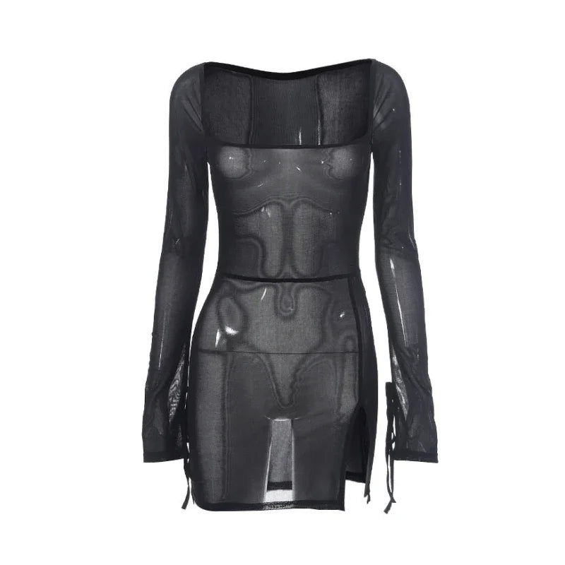 Slim Fit Sheer Dress For Women Lace Up Long Sleeve Fashion