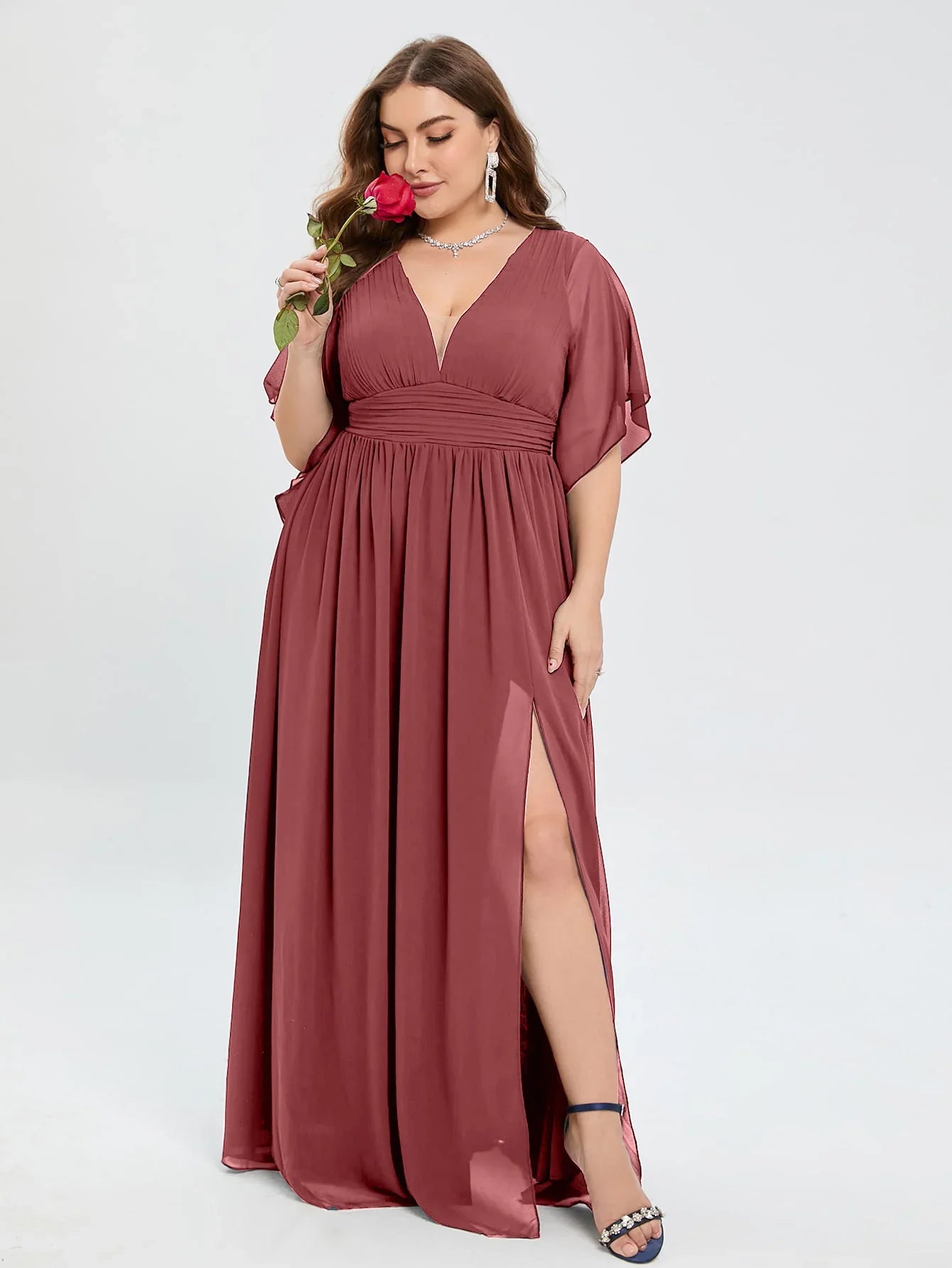 Plus Size Chiffon Bridesmaid Dress V Neck Butterfly Sleeve