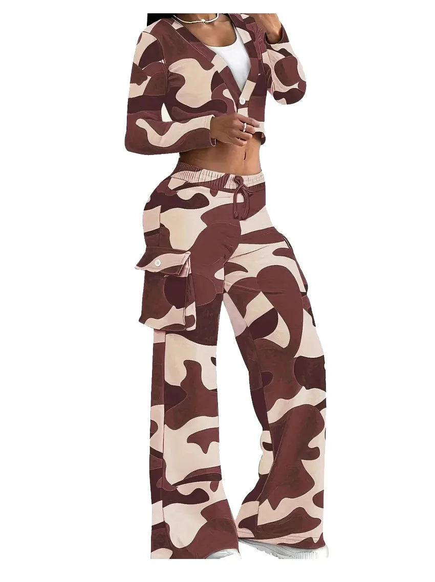 Camo Print Cargo Pants Set with Sexy Crop Top and High Waist Wide Leg Trousers for Women