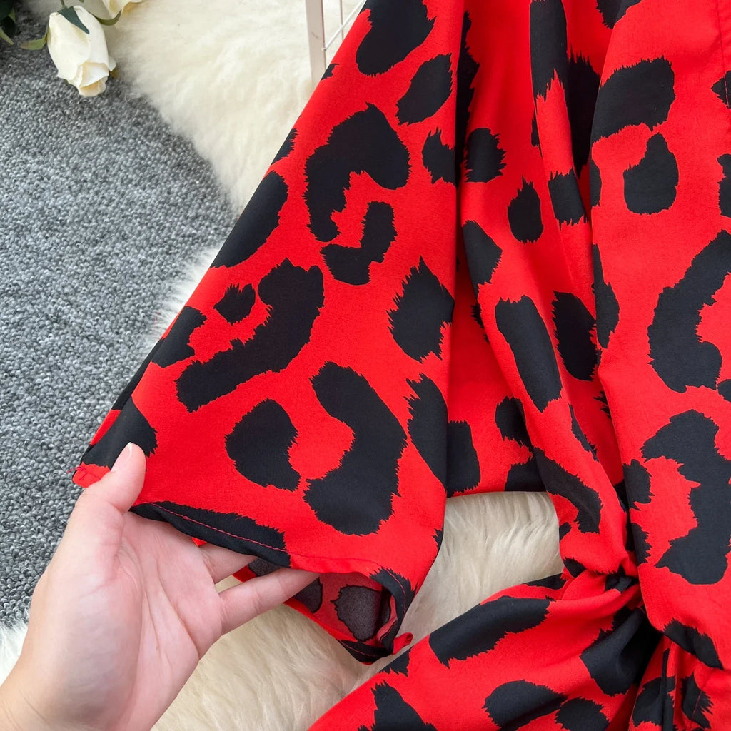 Ruched V Neck Office Dress Long Sleeve For Women Red