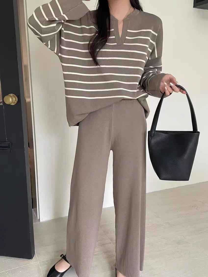 Women's Winter Sweater Set with Stripe Knit Pullover and Wide Leg Pants for Casual Elegance