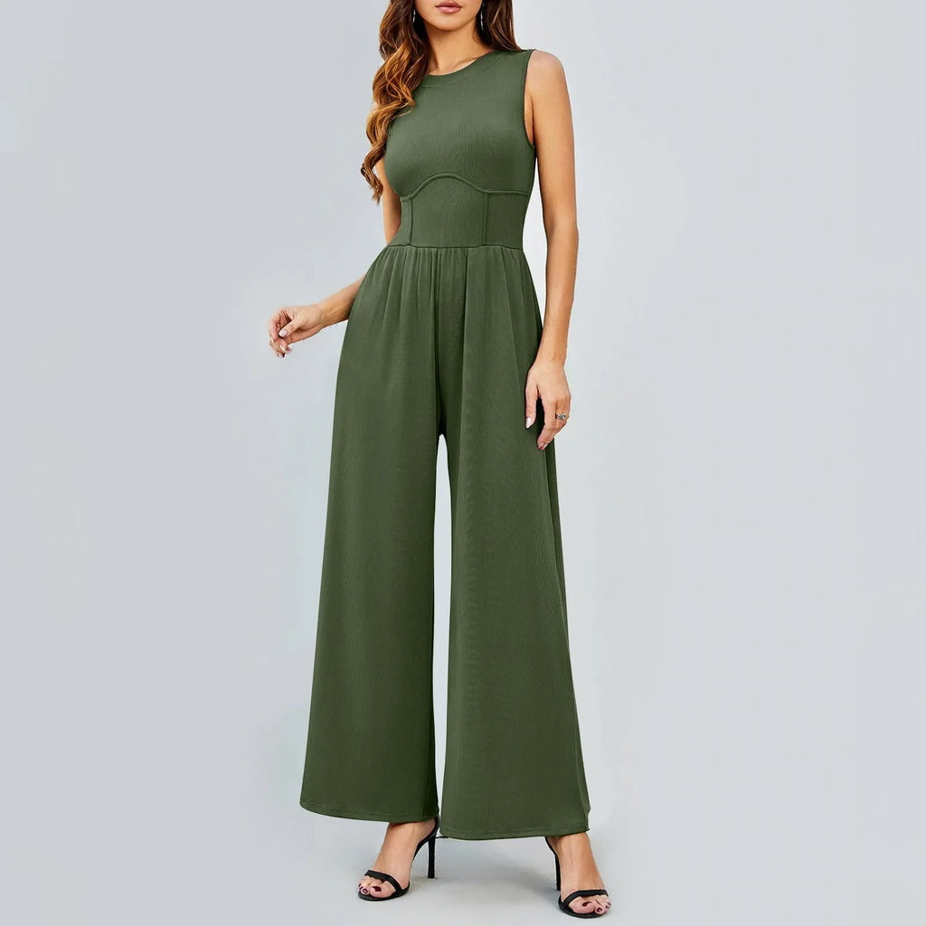 Women Sleeveless High Neck Ribbed Tank Top Jumpsuit Wide Leg Pants Romper with Tummy Control and High Waist Casual Summer Outfit