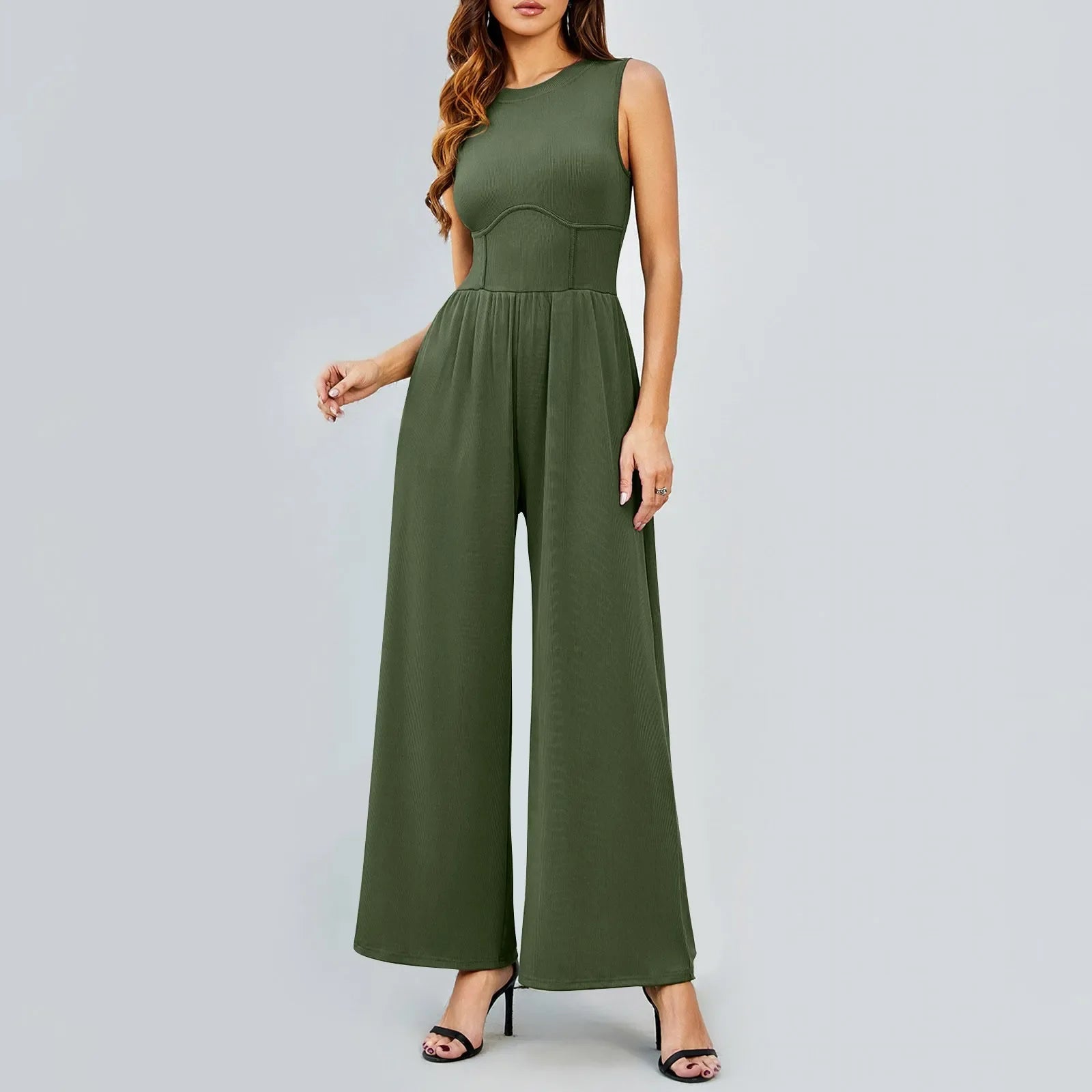 Women Sleeveless High Neck Ribbed Tank Top Jumpsuit Wide Leg Pants Romper with Tummy Control and High Waist Casual Summer Outfit