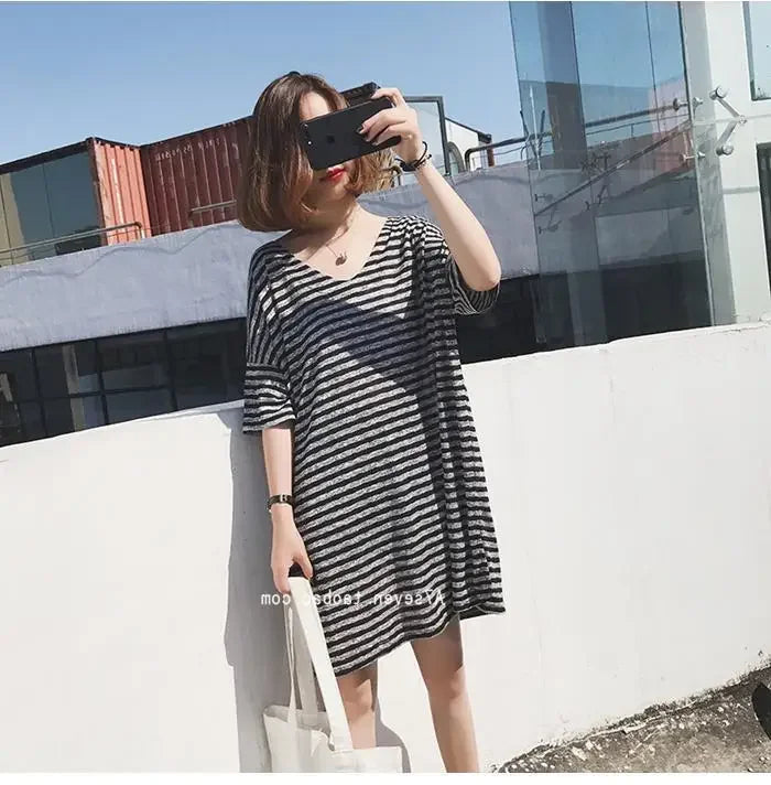 Summer Women's Striped T-Shirt Dress Loose Fit Short Sleeve Casual Tee for Home Wear