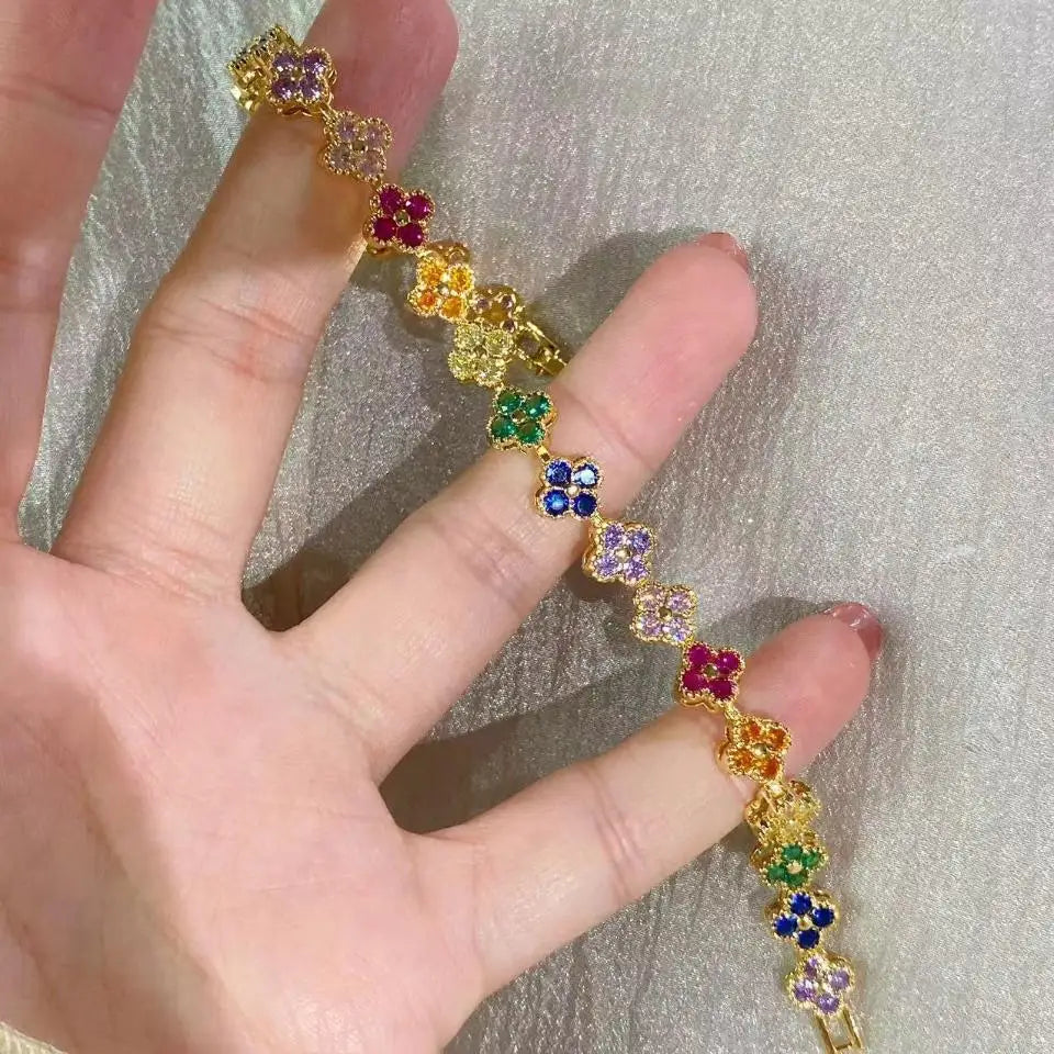 Rainbow Colorful Clover Zircon Bracelet Charming Crystal Jewelry Gift