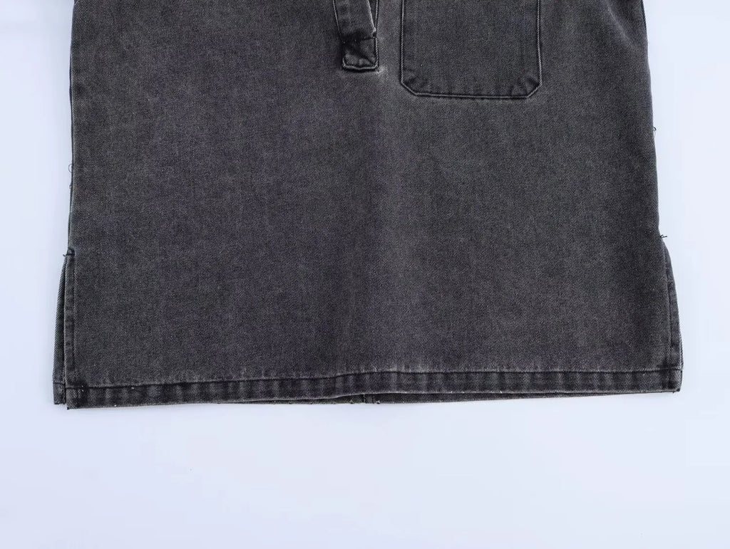 Casual Denim Two Piece Set with Elastic Waist Wide Leg Pants and Polo Collar Long Sleeve Top Loose Fit Stylish Outfit