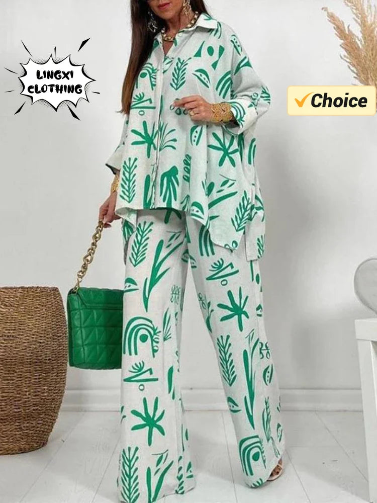 Summer Fashion Printed Women's Two Piece Set with Flip Collar Top and Wide Leg Pants