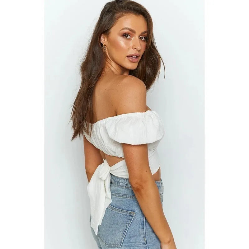 Women's Butterfly Tie One Shoulder Monochromatic Top with Sweet Back Tie and Short Sleeves