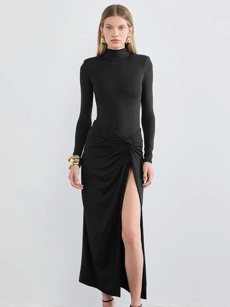 Black Maxi Dress For Women With Slit And Turtleneck Style
