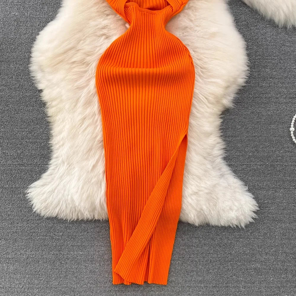 Y2K Knitted Halter Bodycon Dress For Party Streetwear