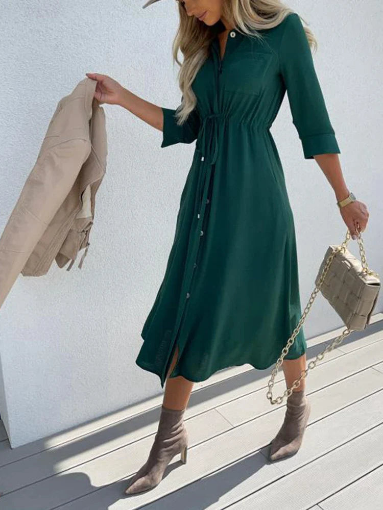 Women's Lace Up Waist Dress Mid Sleeve Aline Solid Color