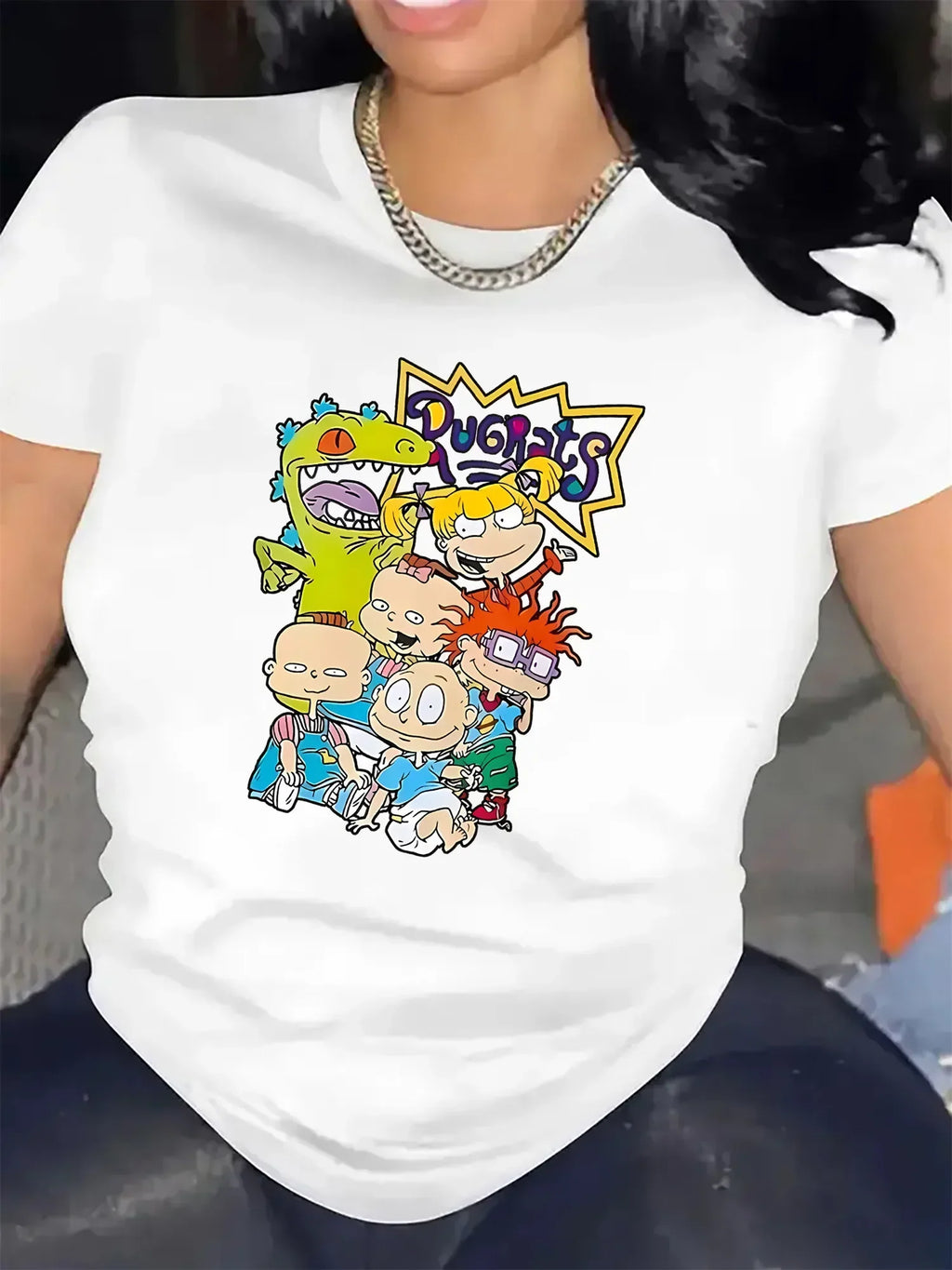 Women's Casual Cartoon Graphic Top Featuring Rugrats Characters in Comfortable Polyester Blend with Spandex