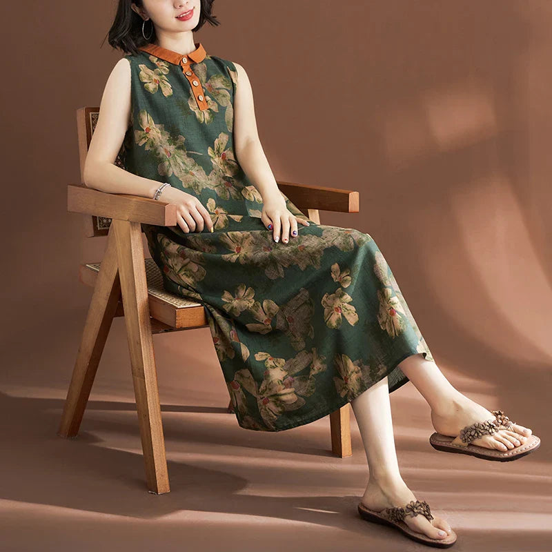 Printed Linen Sleeveless Dress for Women Summer Casual