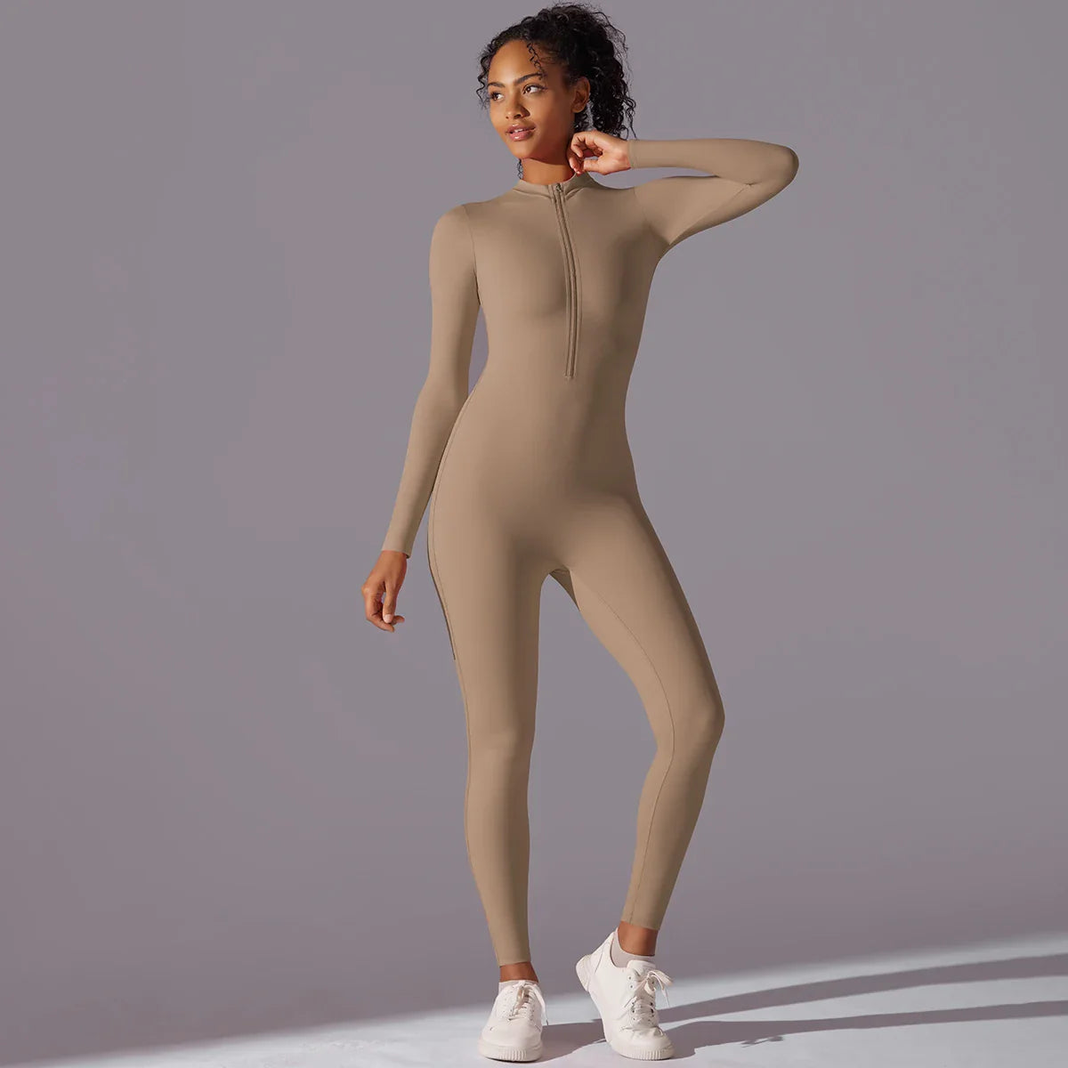 Women Nude Zipper Yoga Jumpsuit Long Sleeve One Piece Leotard High Intensity Workout Fitness Dance Gym Aerial Activewear
