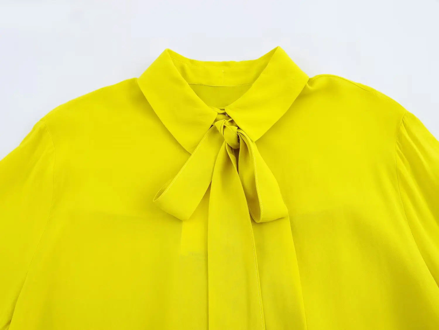 Women Bow Tie Loose Fit Shirt with Lapel Collar Long Sleeve Single-Breasted Solid Color Casual Patchwork Top Spring Summer Chic Blouse