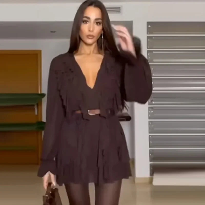 Ruffle Long Sleeve Vintage Party Dress Pleated Mini