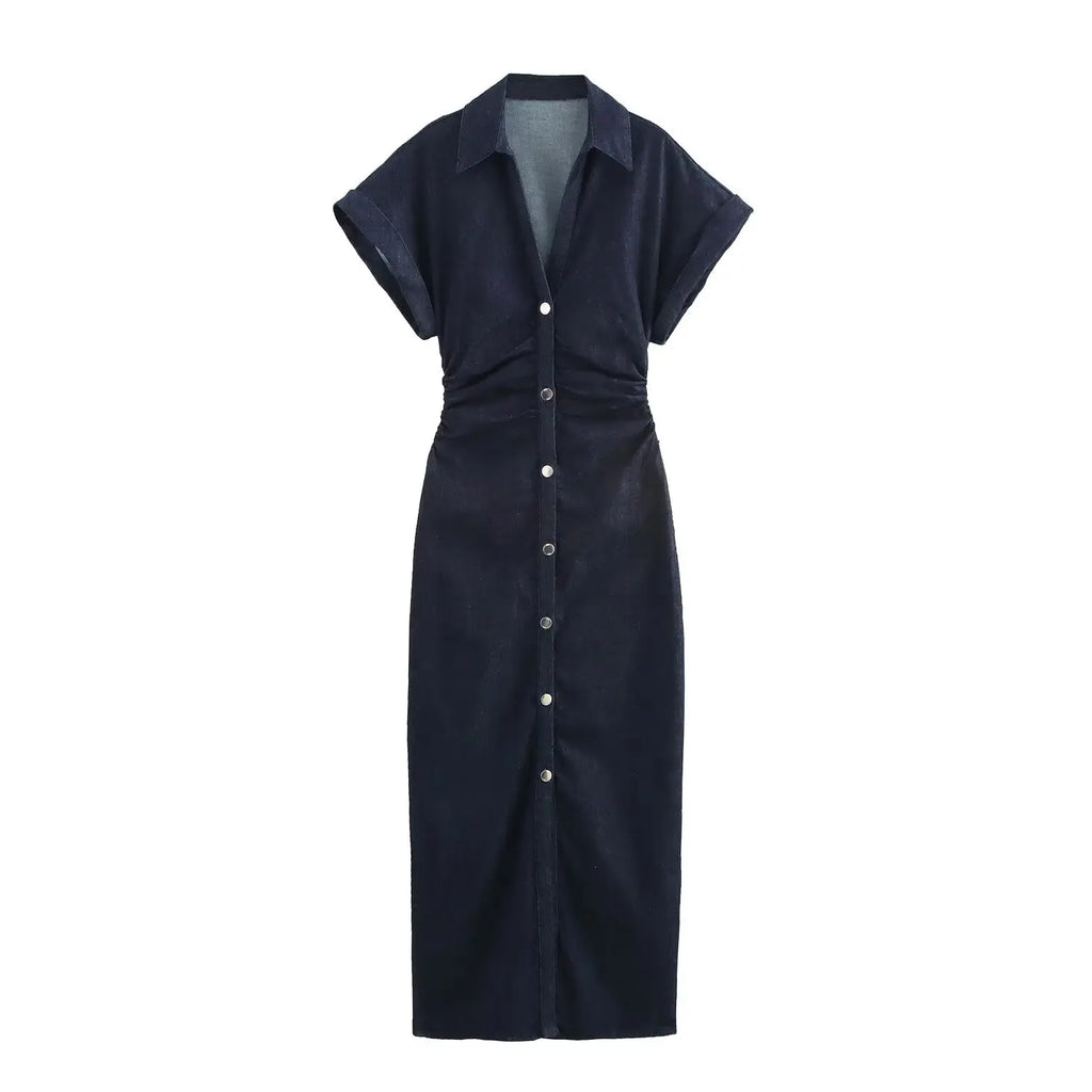 Denim Collared Short Sleeve Dress With Slimming Silhouette