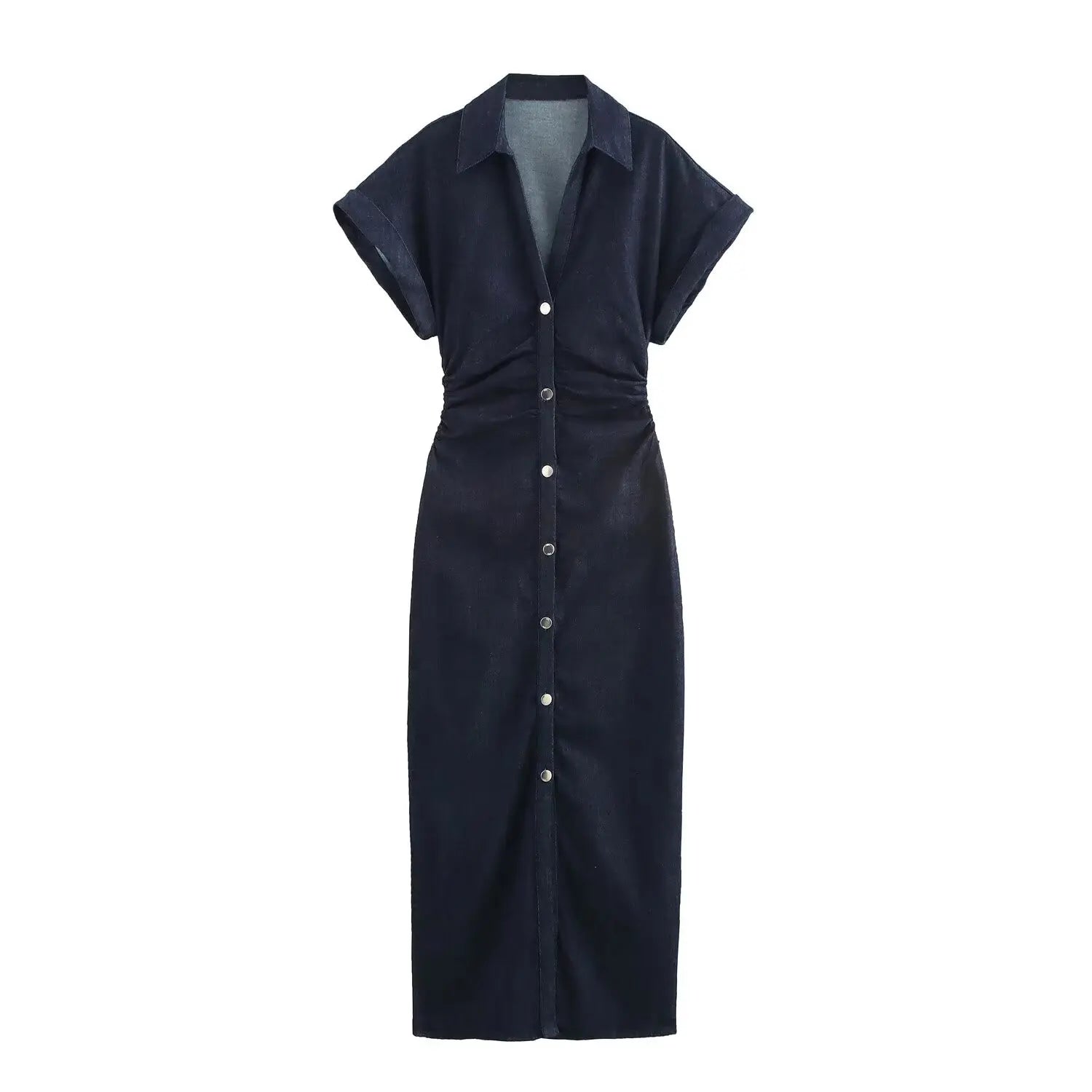 Denim Collared Short Sleeve Dress With Slimming Silhouette