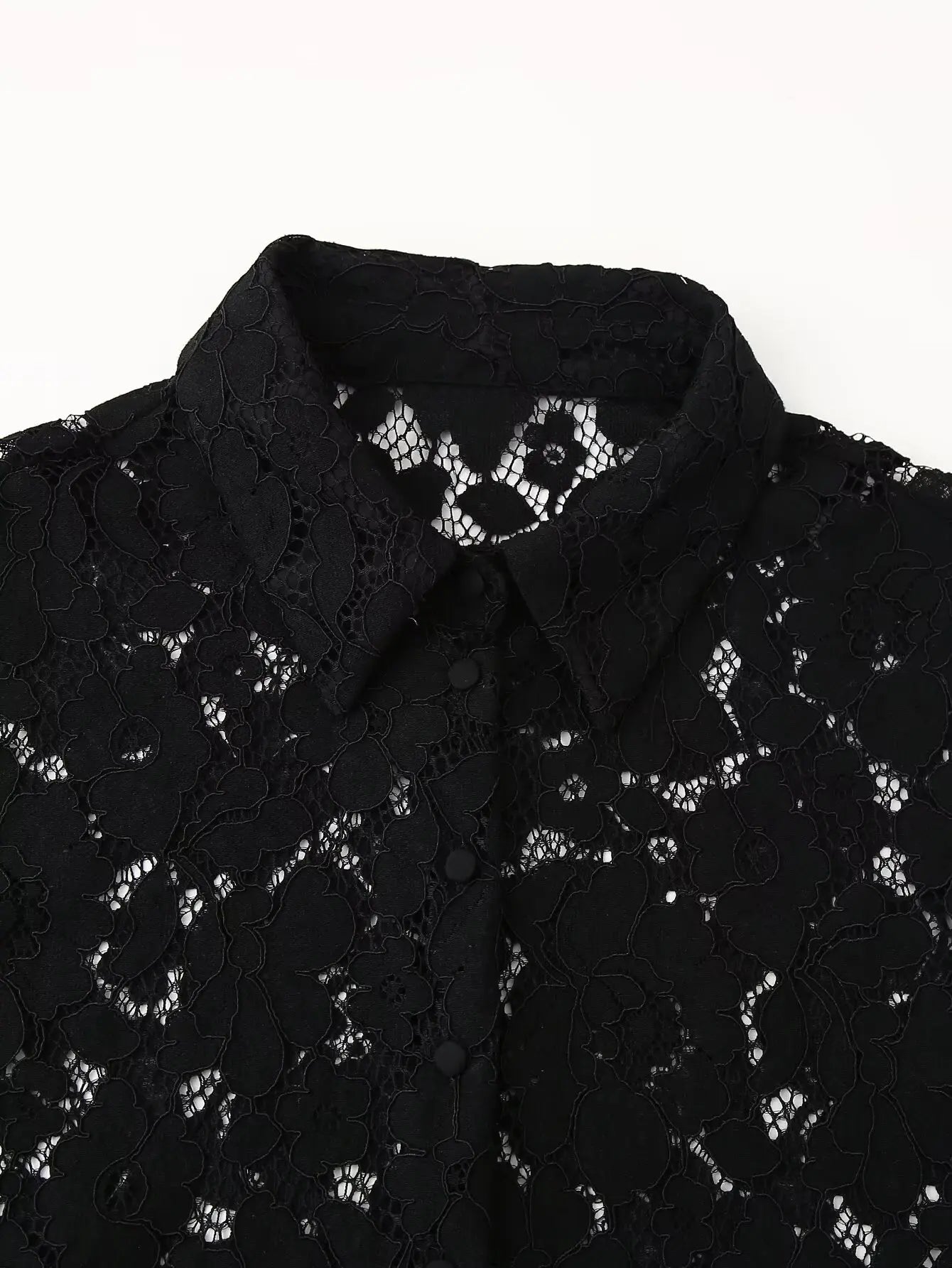 Black Lace Embroidered Short Shirt with Long Sleeves Elegant Autumn and Winter Fashion Top